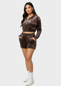 Conjunto de pantalones cortos y sudadera con capucha para mujer: forro polar de ante, semi-cremallera, logotipo personalizable, ropa erótica sensual y de moda para todas las estaciones - Product Image 3