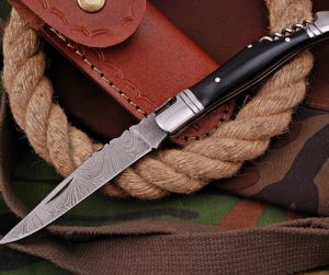 Couteau pliant fait main damas acier à haute teneur en carbone gaine en cuir de poche personnalisable couteau utilitaire manche en bois supporté OEM - Product Image 4