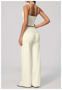 Custom Cream Halter Crop Top High Waist Wide Leg Pants 2 Piece Yoga Set Dot Pattern Spandex Polyester Breathable Seamless - Product Image 2