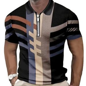 Camisa de hombre al por mayor de fábrica, 100% poliéster, con cremallera, estampado a rayas, casual, con solapa, para golf, de secado rápido, de media manga. - Product Image 1