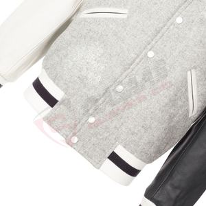 Slimmed-Fit Color-Block Black White Leather Sleeve Summer Adult Bomber Letterman Football Sports Grey-Fleece Varsity Jackets - Product Image 4