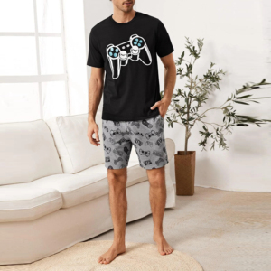Conjunto de Pijama para Hombre con Estampado de Control de Videojuegos, Camiseta Negra y Pantalones Cortos Grises, 100% Algodón, Ropa de Dormir Informal para Verano e Invierno - Product Image 4
