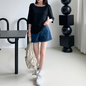 เสื้อยืดแขนสามส่วนแบบเกาหลีดีไซน์คอปาดสบายใส่ฟรีไซส์ผ้าเรยอนโพลีเอสเตอร์สแปนเด็กซ์ - Product Image 3