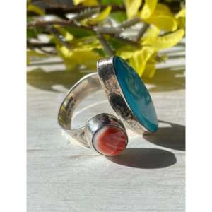 Jeffery Nelson Kingman Turquoise & Spiny Oyster <b>Ring</b> <b>Adjustable</b> Sterling Silver Bezel Setting Everyday Wear - Product Image 3