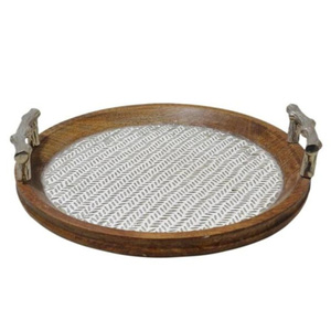 Plateau pouf en bambou naturel Plateau de service en bois Plateau rond en bois avec poignées - Product Image 6