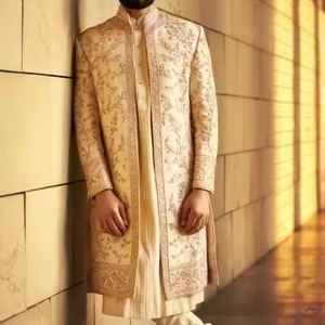 STUNNING EMBROIDERY on LIGHT GOLD SHERWANI,<b>PANT</b> & MATCHING SHOE WITH EMBELLISHED CRYSTAL GLASS BEADS,DABKA ,RESHAM WORK@2024 - Product Image 1