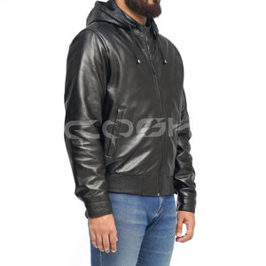 Chaqueta de Cuero Sintético Negra, Estilo Bomber, de Alta Demanda, con Capucha Desmontable, Fabricante y Proveedor ODM - Product Image 1