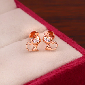 14kt solid <b>gold</b> Cute Cartoon Cat <b>Stud</b> <b>Earrings</b> <b>Rose</b> <b>Gold</b> Plated With Crystal Rhinestone Eyes For Women Everyday Wear - Product Image 1