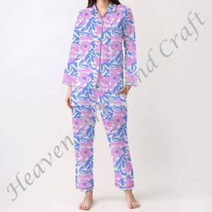 Conjunto de Pijama de Algodón 100% para Mujer, Ropa de Dormir Suave para el Hogar, Conjunto de Pijama de Primavera/Verano con Estampado Floral/Personajes/Letras/Estampado/Vacaciones/Árbol PJ044 - Product Image 5