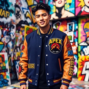เสื้อแจ็คเก็ตเลตเตอร์แมนสีน้ำเงินกรมท่าผ้าขนสัตว์ แขนหนังสีส้ม ปักลายปะติด สไตล์สตรีทแวร์ แนววิทยาลัย - Product Image 2