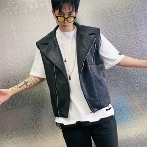 EDGECO New Real Leather High Street <b>Biker</b> Motorcycle Hip Hop <b>Waistcoat</b> Men's Punk Solid Black Sleeveless Loose Eco-Friendly - Product Image 3