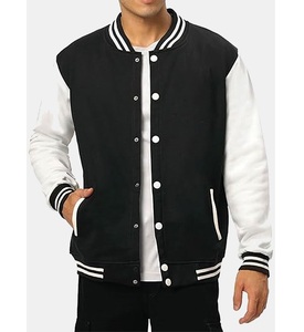 Chaqueta universitaria con logotipo bordado, chaqueta de béisbol personalizada con tiras de manga blanca, decoración con botón, chaqueta con cuello de manga de lana para hombre - Product Image 4
