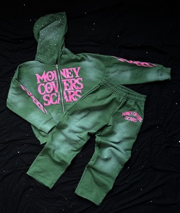 ชุดวอร์มผู้ชายลำลองผ้าฝ้าย 100% ย้อมสีแบบแอซิดวอช ประดับเพชรเทียม ไซส์พลัส ผ้าฟลีซหนานุ่มสำหรับฤดูหนาว มีฮู้ดและเชือกผูก - Product Image 2