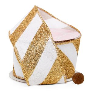 Diagonal Glitter Striped Faux Linen <b>Wired</b> <b>Ribbon</b> Floral Polyester Organza and Metallic for Wedding and Christmas Gift Wrapping - Product Image 3