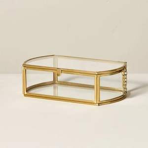 Boîte à bijoux en métal plaqué or et verre de luxe avec bords biseautés, intérieur miroir, boîte cadeau élégante - Product Image 4