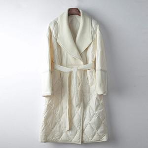 Nouvel arrivage de vêtements d'extérieur en laine longue pour femmes manteau d'hiver Heattech col montant Patchwork veste à nouer au dos doublure en polyester - Product Image 1