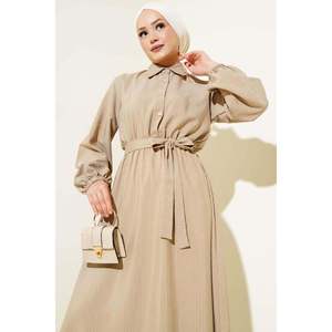 Robe rayée fine boutonnée à taille élastique en vison - Product Image 1