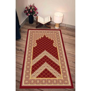Alfombra de Oración Roja con Diseño Islámico: Alfombra Impresa, Tapete de Adoración, Alfombra Delgada No Tejida - Product Image 2