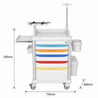 Chariot d'urgence médical professionnel, design moderne, 5 tiroirs verrouillables, 4 roulettes, construction en plastique durable, chariot d'hôpital