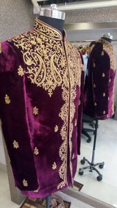 2024 Elegant Purple Velvet Sherwani <b>Pant</b> Dress New Embroidery Crystal Glass Beads Stones Dabka Work Plus Size Groom Party Wear - Product Image 2