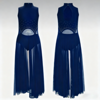 Neues Dunkelblaues Ärmelloses Latein-Tanzkleid-Set für Erwachsene Bühnenauftritt Lyrisches Chiffon-Spitzen-Quasten-Empire-Taille-Ballkleid