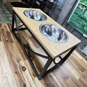 Pet Feeder with Acacia Wood Top MDF Veneer Metal Frame <b>Stainless</b> <b>Steel</b> <b>Bowls</b> 22.4x12x10.6 in - Product Image 1