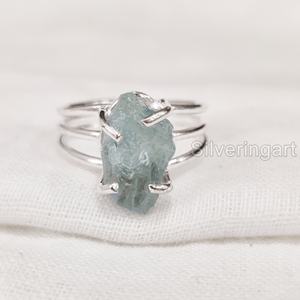 Rough <b>Stone</b> Jewelry Women's <b>Ring</b> Natural Aquamarine Raw Gemstone March Birthstone 3 Plain Band Jewelry 925 Sterling <b>Silver</b> <b>Ring</b> - Product Image 1