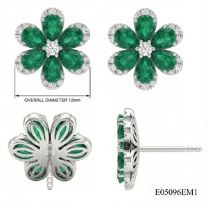 Magnifiques boucles d'oreilles en or blanc massif 18 carats avec émeraude en forme de fleur, pierre précieuse taille poire, halo de diamants festonnés, pour anniversaire - Product Image 3
