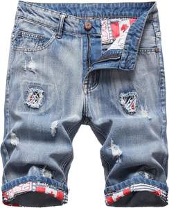 Short en jean coupe haute et ajustée pour hommes, déchiré, trous abîmés, fermeture à boutons, braguette zippée, foncé, droit, décontracté, été, coton tricoté - Product Image 1