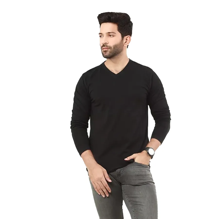 Top Trending Best Design Men Black Color V Neck Full Sleeves T Shirt For Sale Made Of Premium Quality Fabric