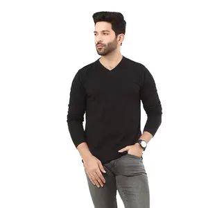 최고 동향 최고의 디자인 남자 블랙 컬러 V 넥 전체 소매 T 셔츠 판매 프리미엄 품질 패브릭