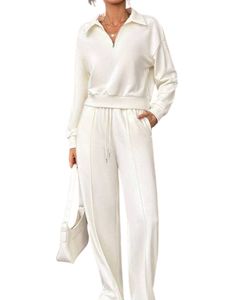 Ensemble de survêtement pour femme avec col demi-zip, sweat-shirt doux et pantalon large, élégant et confortable, tenue décontractée en deux pièces pour l'hiver - Product Image 1