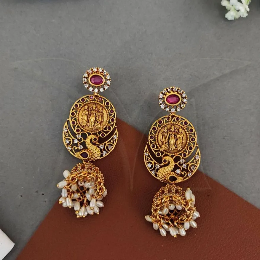 south indian temple jewelry Temple Jewelry High Gold Polish Designer Party Wear Fancy Style Temple Jhumka Earrings Jewelry Sets