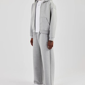 Survêtement personnalisé plaine hommes survêtement poids lourd coton vierge Baggy jambe large pantalons de survêtement fermeture éclair à capuche survêtement ensembles 2026 - Product Image 4