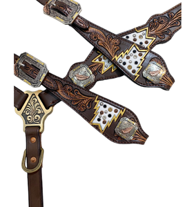 Bride de collier de poitrine en cuir perlé occidental sculpté à la main avec topaze pour l'équitation - Product Image 3