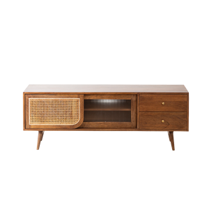 Soporte de TV de madera de mango de bastón de cristal de diseño moderno y elegante único TVC para muebles de dormitorio de sala de estar de granja con función de almacenamiento - Product Image 1