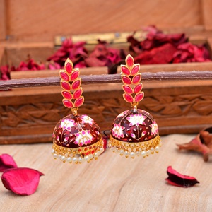 Nouveauté : Jhumkas indiens Rajasthani Meenakari à motif floral en forme de feuille, avec travail de perles, pour femmes et filles, pour mariage. - Product Image 5