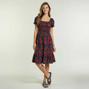 Vestido Midi Romántico Dark Bloom con Estampado Floral de Primavera, Cuello Cuadrado, Talla XS, Transpirable, con Volantes - Product Image 1