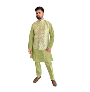 Düğün parti nedensel giymek Banglori ipek Kurta, pantolon, Koti erkekler için Set en düşük fiyata en iyi kalite giymek hazır tedarikçisi hindistan