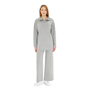 Ensemble de tricot uni à fermeture éclair deux pièces vêtements de sport surdimensionnés tenue quotidienne ensemble de survêtement à manches longues ensemble de tricot double élégant - Product Image 1