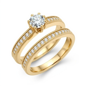 Ensemble de bague de fiançailles en or véritable 10 carats plaqué rhodium avec diamant solitaire et bande pavée à grains fins, bijoux fins pour mariage et fête - Product Image 2