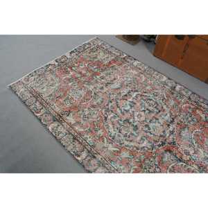 Turkish Area Rug 4.1x7.4 ft, Vintage <b>Red</b> Ikat <b>Wool</b> Rug - Product Image 5