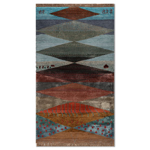 Tapis en laine et soie de bambou noué à la main à motif géométrique bleu Freedom Manchaha pour la décoration de la maison et du salon - Les-8378 - Product Image 1