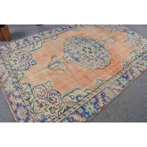 Tapis turc vintage 5.7x9 pieds Orange bleu motif laine et latex tissé plat grande surface pour les décorations de salon - Product Image 2