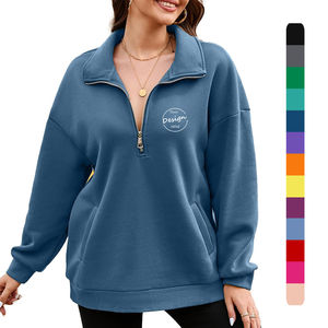 เสื้อกันหนาวมีซิป1/4ผ้าฝ้ายเฮฟวี่เวทสำหรับผู้หญิงมีฮู้ดคอโปโลขนาดพิเศษออกแบบลายนูนออกแบบได้ตามต้องการสำหรับฤดูหนาว - Product Image 2