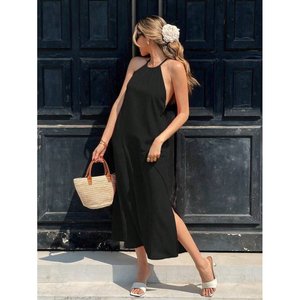 Women's Off-Shoulder Halter Neck Cross Back Detail Long <b>Viscose</b> <b>Dress</b>, 35651 - Black - Product Image 1