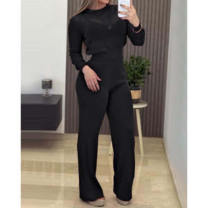 Jane's Women's Long Sleeve Round Neck Transparent Detail Knit Blouse and Pants <b>Two</b>-<b>Piece</b> <b>Set</b> for Casual Daily Wear - Product Image 2