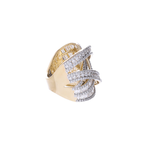Anillo de diseño entrecruzado glamuroso de oro amarillo de 14 quilates cruzado ancho con hebras de diamantes Baguette naturales - Product Image 2