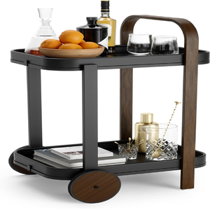 Chariot de bar ovale à deux niveaux en laiton vintage, avec des plateaux miroir et de grandes roues, disponible à prix de gros. - Product Image 3