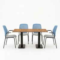 Table à manger rectangulaire moderne en bois massif avec base en métal et chaises perforées, ensemble 6 places pour espace de restauration commercial